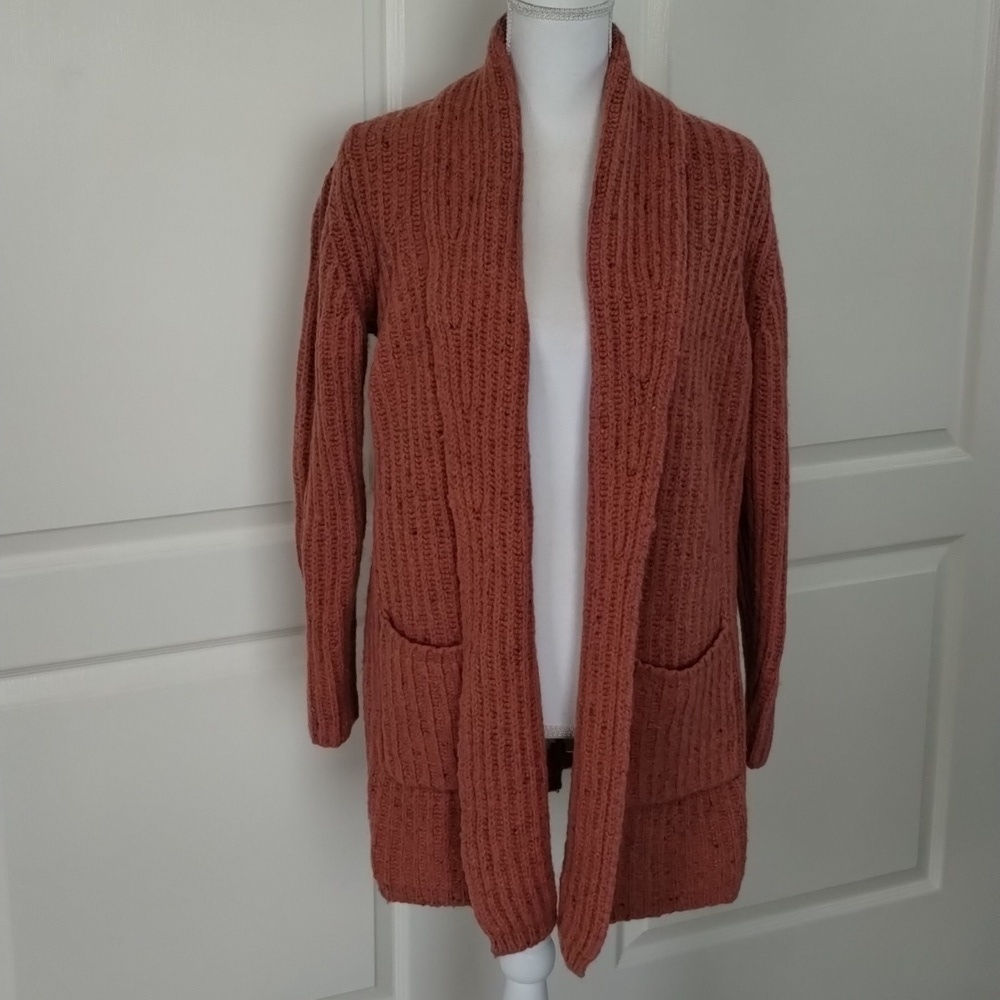 LOFT Cardigan Sweater Large Salmon Pink Wool Blend Long Sleeve Pockets